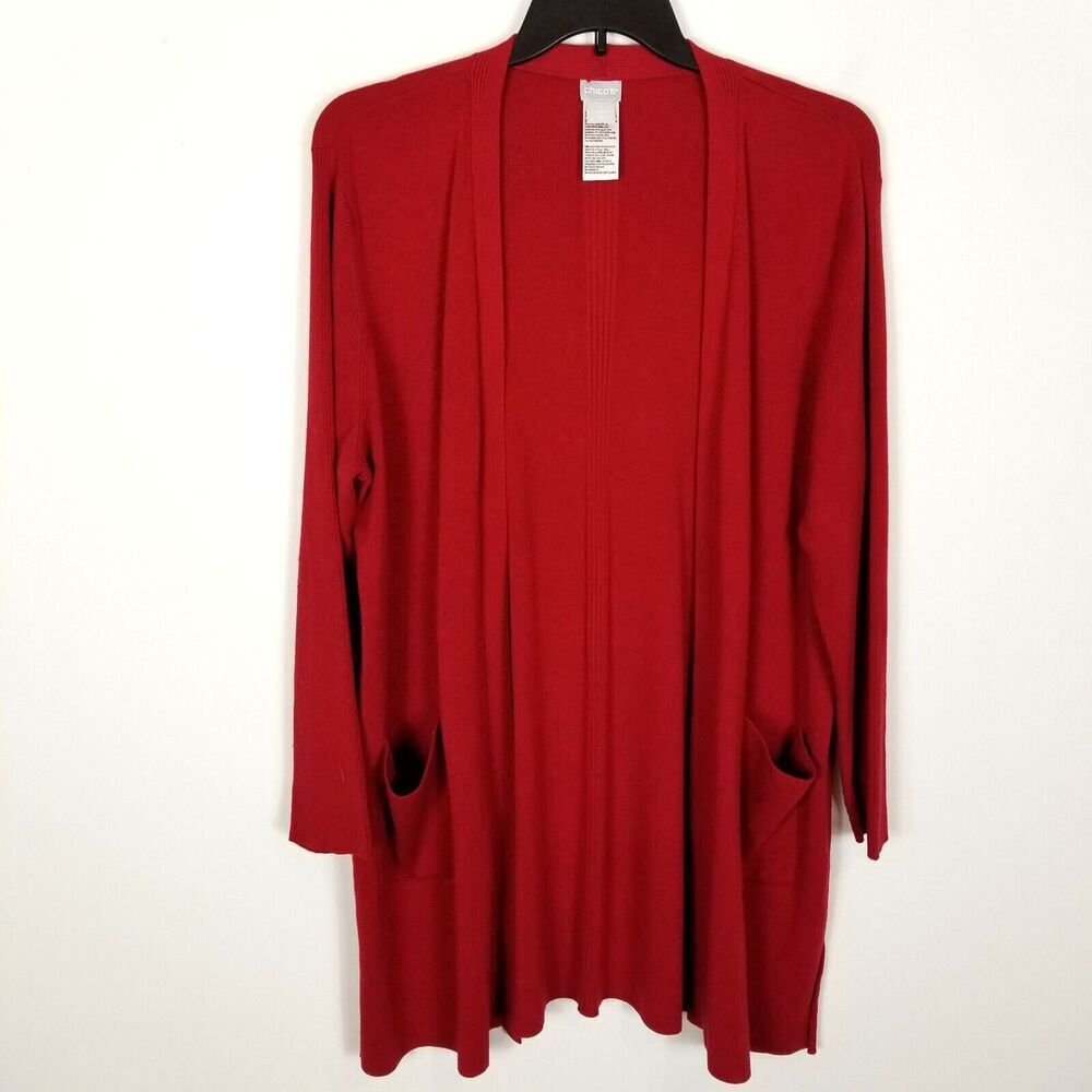 Chico's Women Open Front Cardigan Sweater Sz XL Red Rayon Cashmere Long Pockets